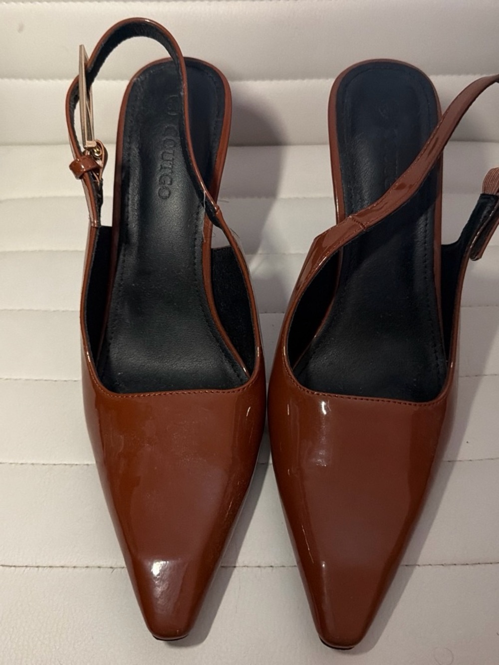Patent Brown Pointed-Toe Slingback Heels - Picture 2 of 4